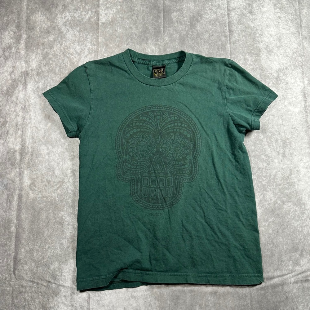 Obey Graphic Tee Womens Medium Green Sugar Skull Skater Streetwear‎ Made in USA